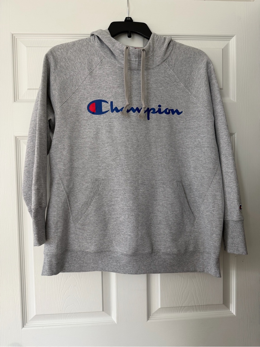 Champion Gray Hoodie with Blue Script and Red Accent